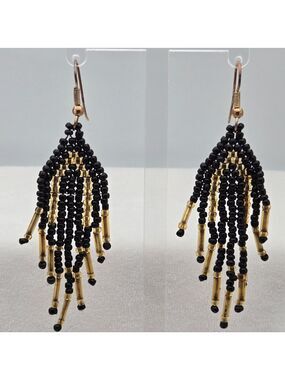 ✨2/$10✨Handmade Black & Gold Beaded Fringe Boho Statement Earrings